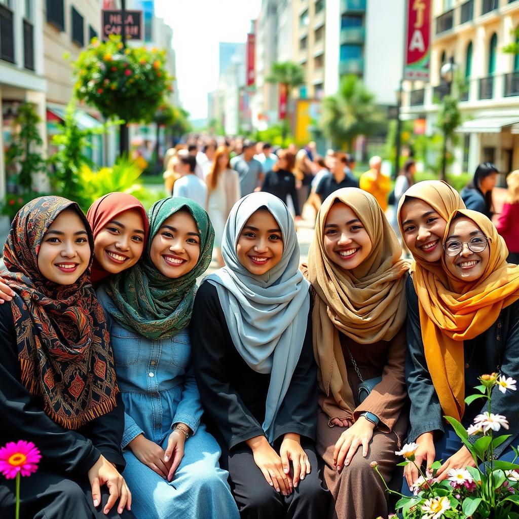 A group of stylish young women wearing various colorful hijabs, showcasing traditional and modern styles, smiling joyfully while sitting together in a vibrant urban setting