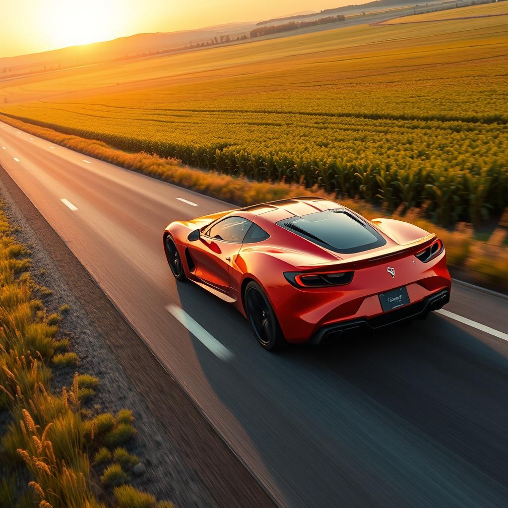 A sleek, modern sports car cruising down a highway that runs through a lush, green granary