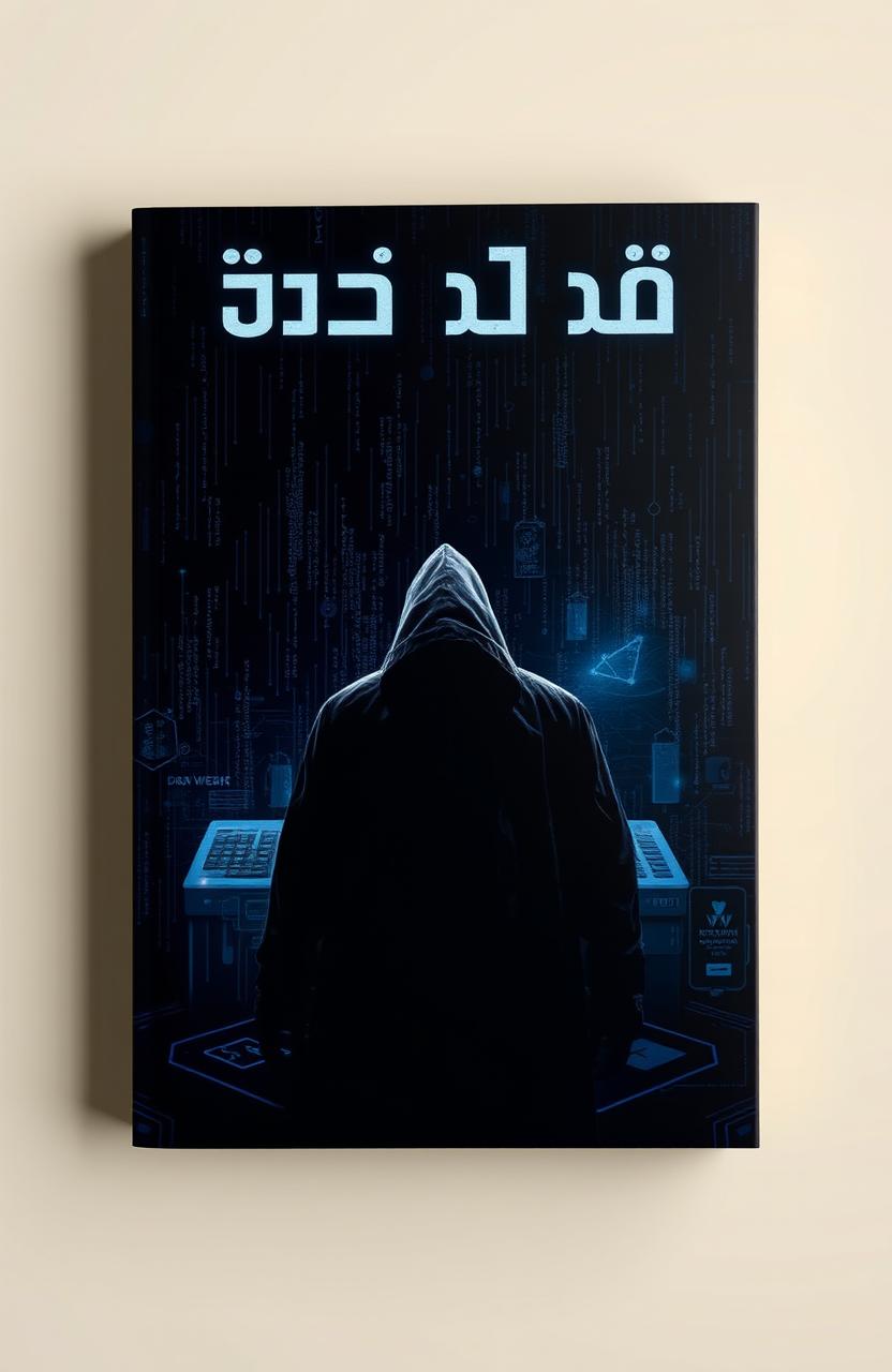 A dark and suspenseful book cover design for 'ডার্ক নেটের ফাঁদ', featuring a shadowy figure lurking ominously within a digital space, embodying the threats of the dark web