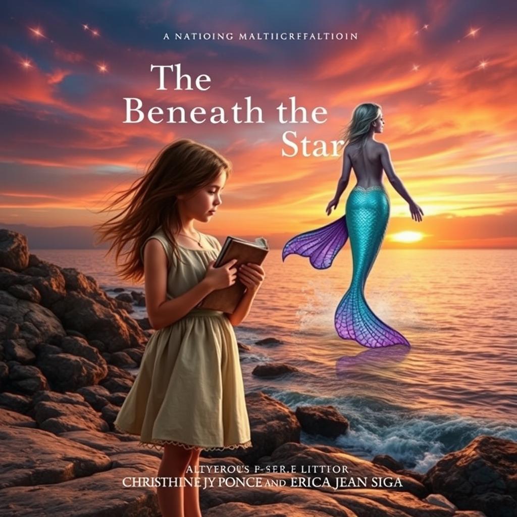 An enchanting book cover titled 'The Light Beneath the Star', depicting a rocky cove at sunset