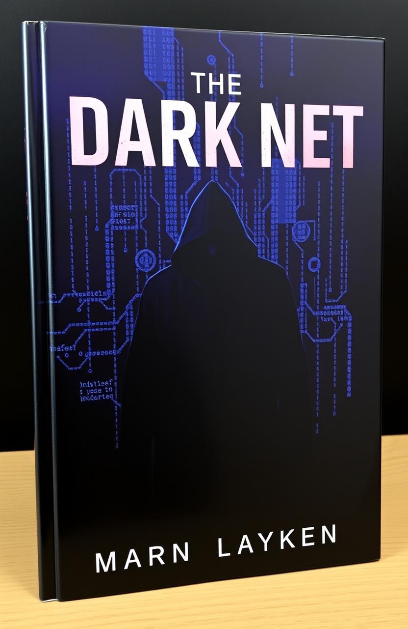 A dark and suspenseful book cover for 'The Dark Net' featuring a shadowy figure lurking in a digital space, representing the dangers of the dark web