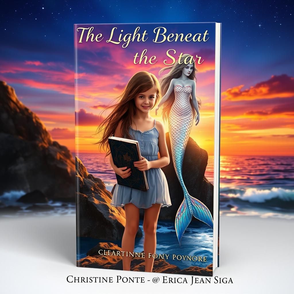 A visually striking book cover titled 'The Light Beneath the Star', illustrating a rocky cove at sunset