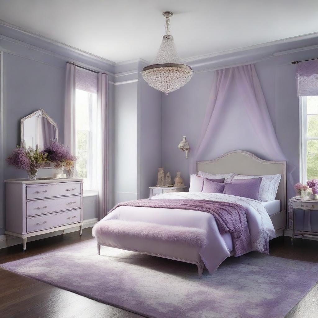 Re-imagine the design of 19 x 12 ft bedroom in a soothing and inviting color palette different from the previous shades of lavender, lilac, and deep purple.