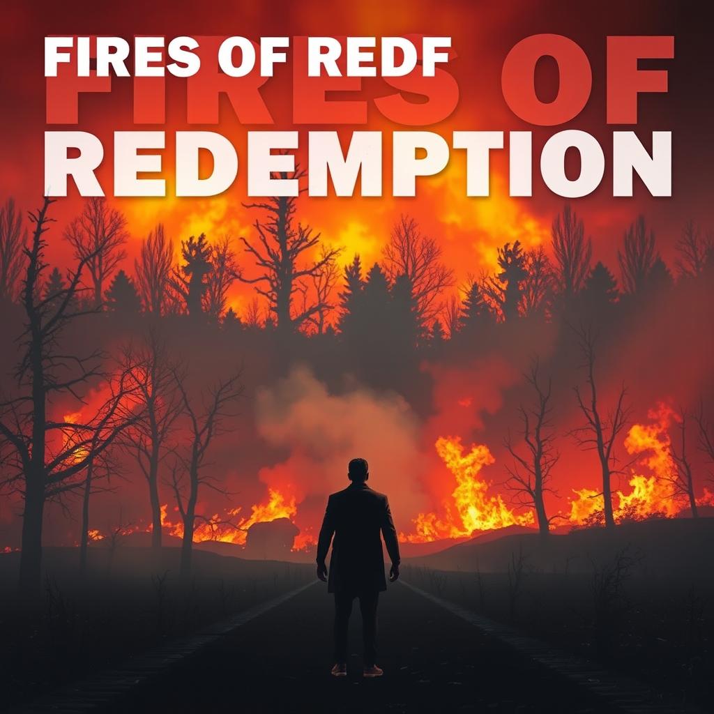 An intense scene reflecting the theme of 'Fires of Redemption' featuring a dramatic landscape engulfed in flames and smoke, symbolizing struggle and transformation