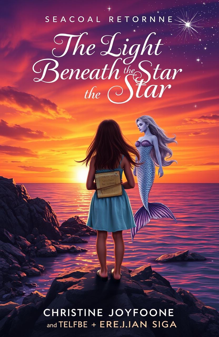 An enchanting book cover design titled 'The Light Beneath the Star', featuring a dramatic sunset sky with vibrant orange and purple hues