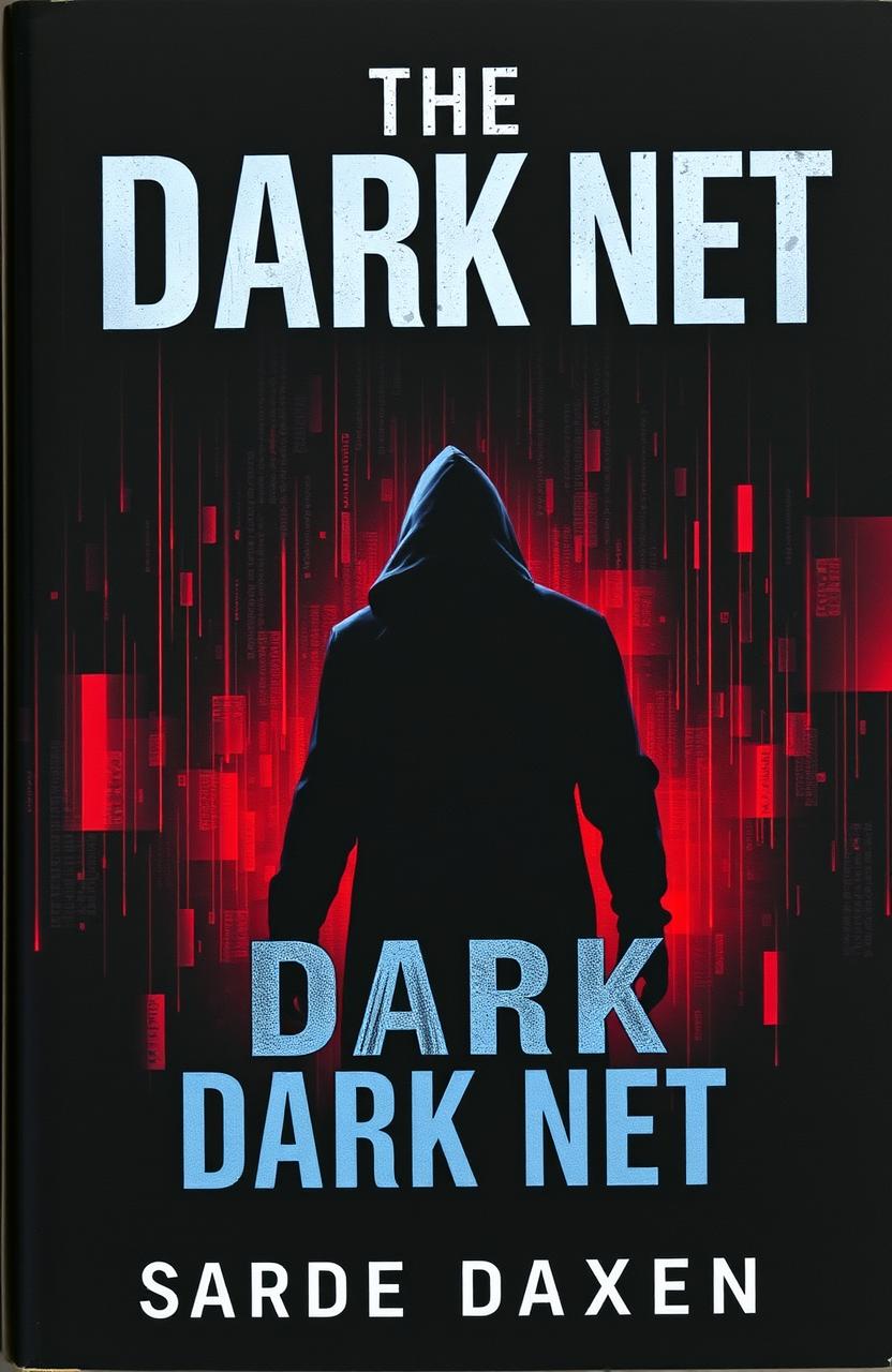 A dark and suspenseful book cover for 'The Dark Net', featuring a shadowy figure lurking in a digital space, embodying the dangers of the dark web