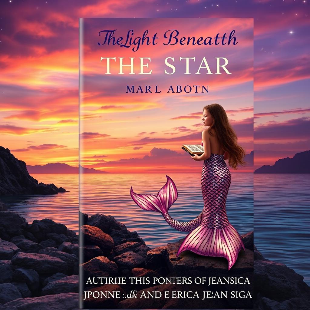 A captivating book cover design for 'The Light Beneath the Star', depicting a serene sunset over a picturesque cove