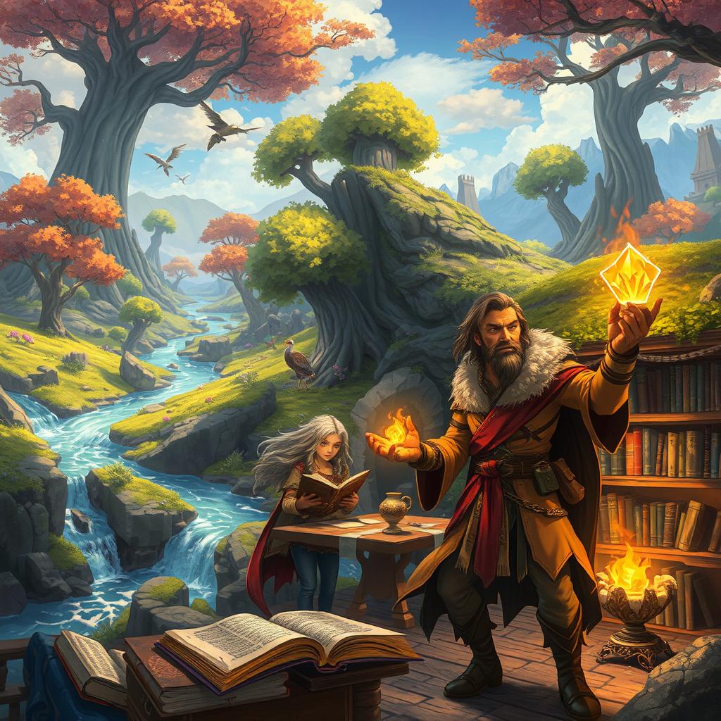 A vibrant scene set in the mystical realm of Eldoria, showcasing the enchanting landscape filled with flowing rivers of magic and ancient, towering trees