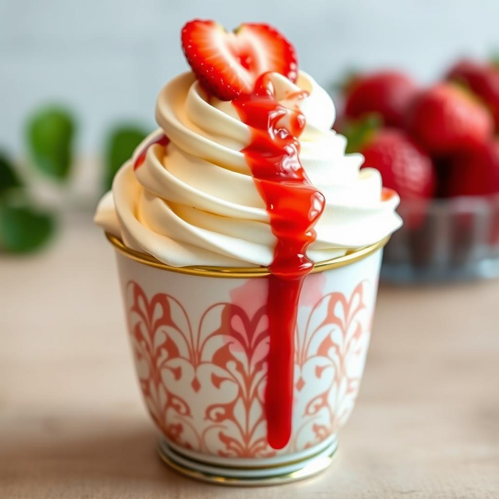 A delicious dessert image featuring a cup filled with whipped cream, topped with a generous drizzle of rich strawberry syrup