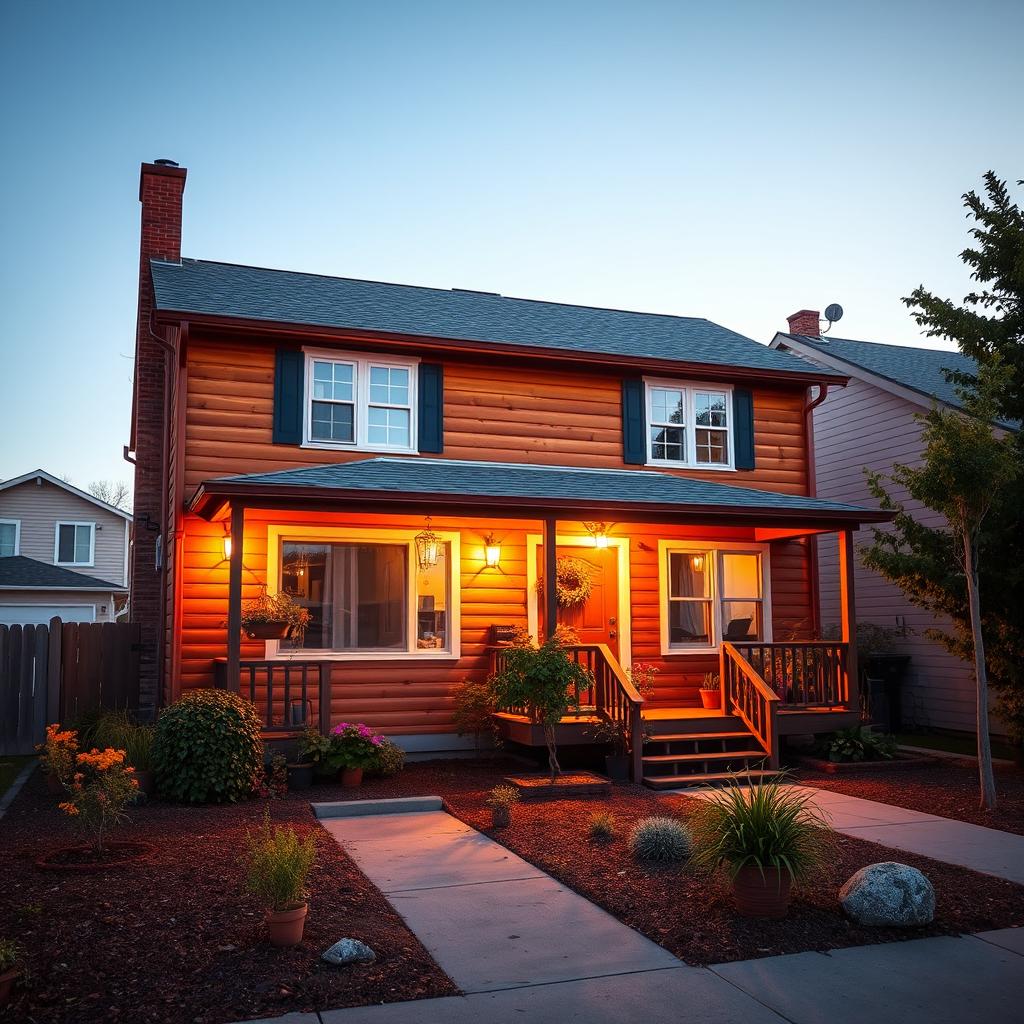 Realistic photo of a cozy duplex house in a tranquil neighborhood, featuring warm, inviting lighting and a well-manicured garden