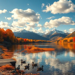 A serene and vibrant autumn landscape featuring a tranquil lake surrounded by colorful fall foliage in shades of orange, yellow, and red