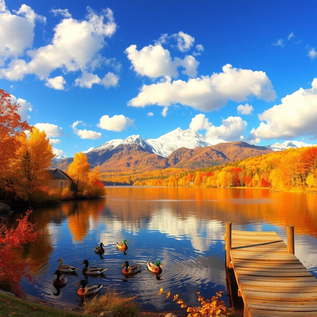 A serene and vibrant autumn landscape featuring a tranquil lake surrounded by colorful fall foliage in shades of orange, yellow, and red