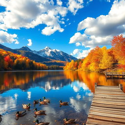 A serene and vibrant autumn landscape featuring a tranquil lake surrounded by colorful fall foliage in shades of orange, yellow, and red