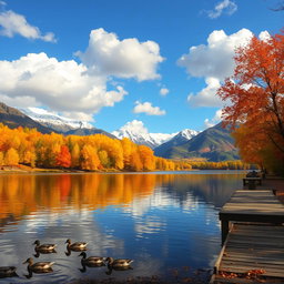 A serene and vibrant autumn landscape featuring a tranquil lake surrounded by colorful fall foliage in shades of orange, yellow, and red