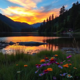 A serene landscape featuring a tranquil lake surrounded by lush green hills and tall pine trees