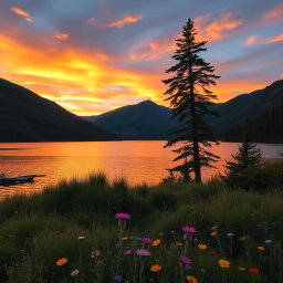 A serene landscape featuring a tranquil lake surrounded by lush green hills and tall pine trees