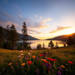 A serene landscape featuring a tranquil lake surrounded by lush green hills and tall pine trees