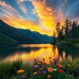 A serene landscape featuring a tranquil lake surrounded by lush green hills and tall pine trees