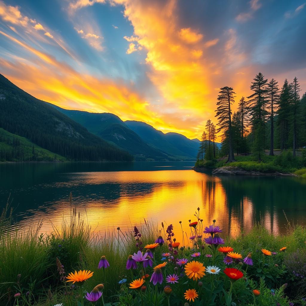 A serene landscape featuring a tranquil lake surrounded by lush green hills and tall pine trees