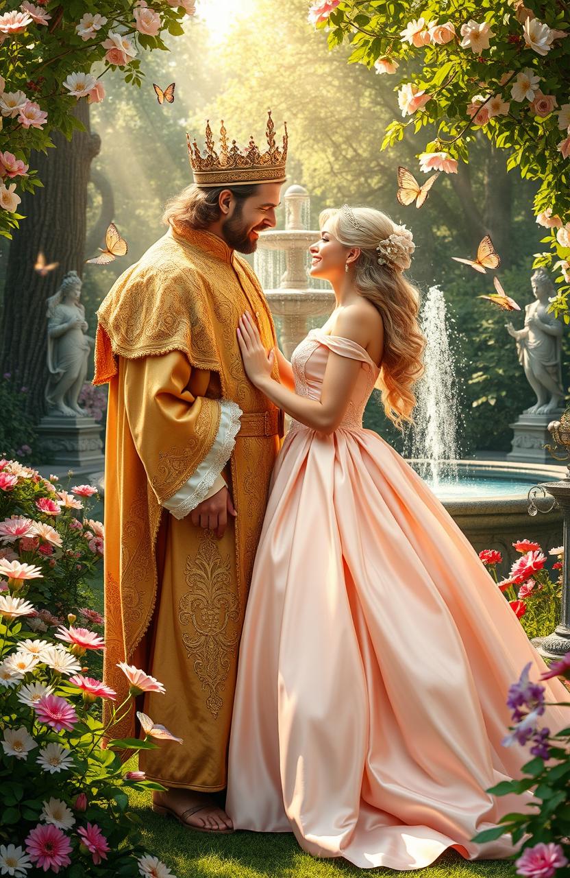 A romantic scene depicting a king and a princess deeply in love, standing in a lush, enchanted garden filled with blooming flowers and vibrant greenery