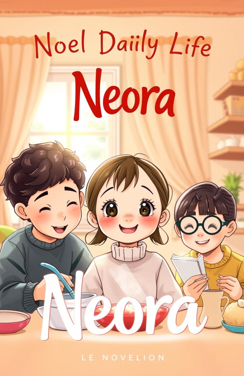 A cozy and heartwarming novel cover for "Noel Daily Life Neora" featuring Neora, a young girl with bright expressive eyes and a warm smile, surrounded by her older siblings in a charming home setting