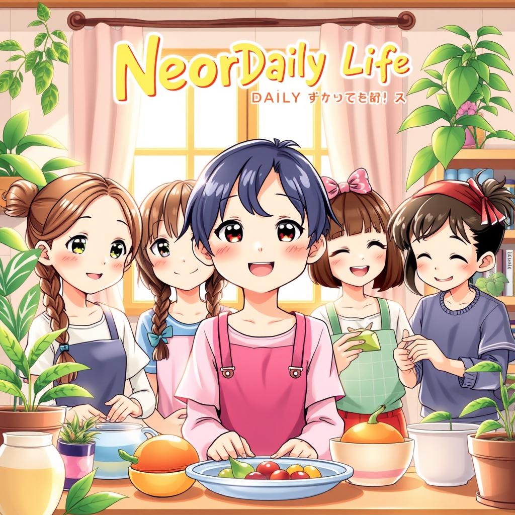 A bright and charming novel cover for "Neora Daily Life" featuring Neora, a cheerful girl with sparkling eyes, flanked by her three older sisters and one older brother