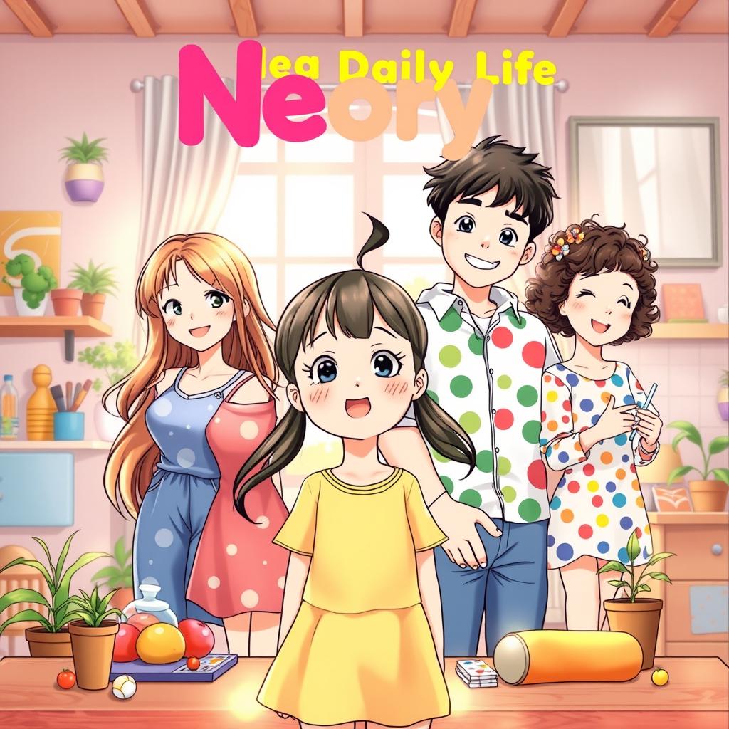 A delightful novel cover for "Neora Daily Life" showcasing Neora, a lively girl with sparkling eyes and a joyful expression, surrounded by her three older sisters and one older brother