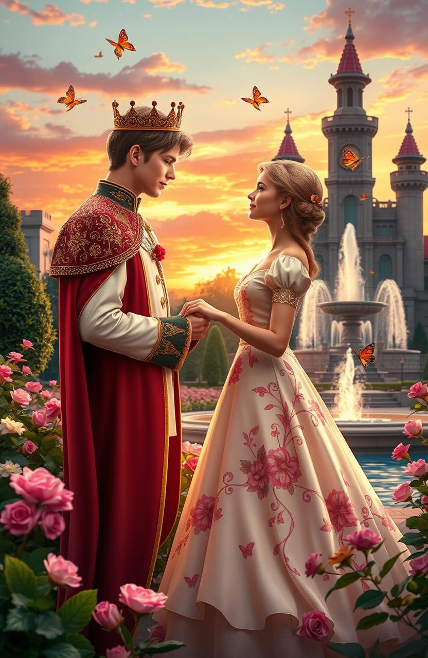 A romantic scene depicting a young king and princess in a grand castle garden during sunset