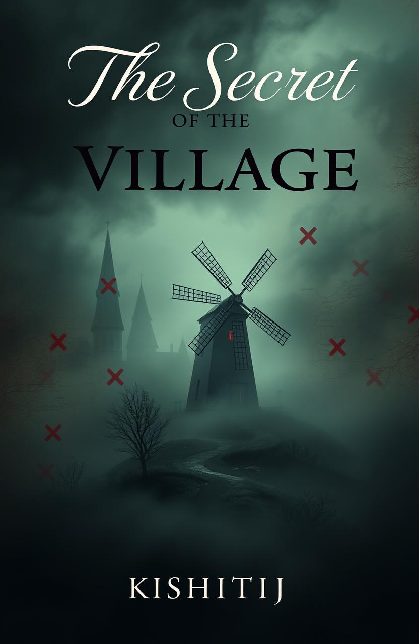 A cover design for "THE SECRET OF THE VILLAGE" by KSHITIJ, featuring a dark, swirling mist that creates an eerie and mysterious atmosphere