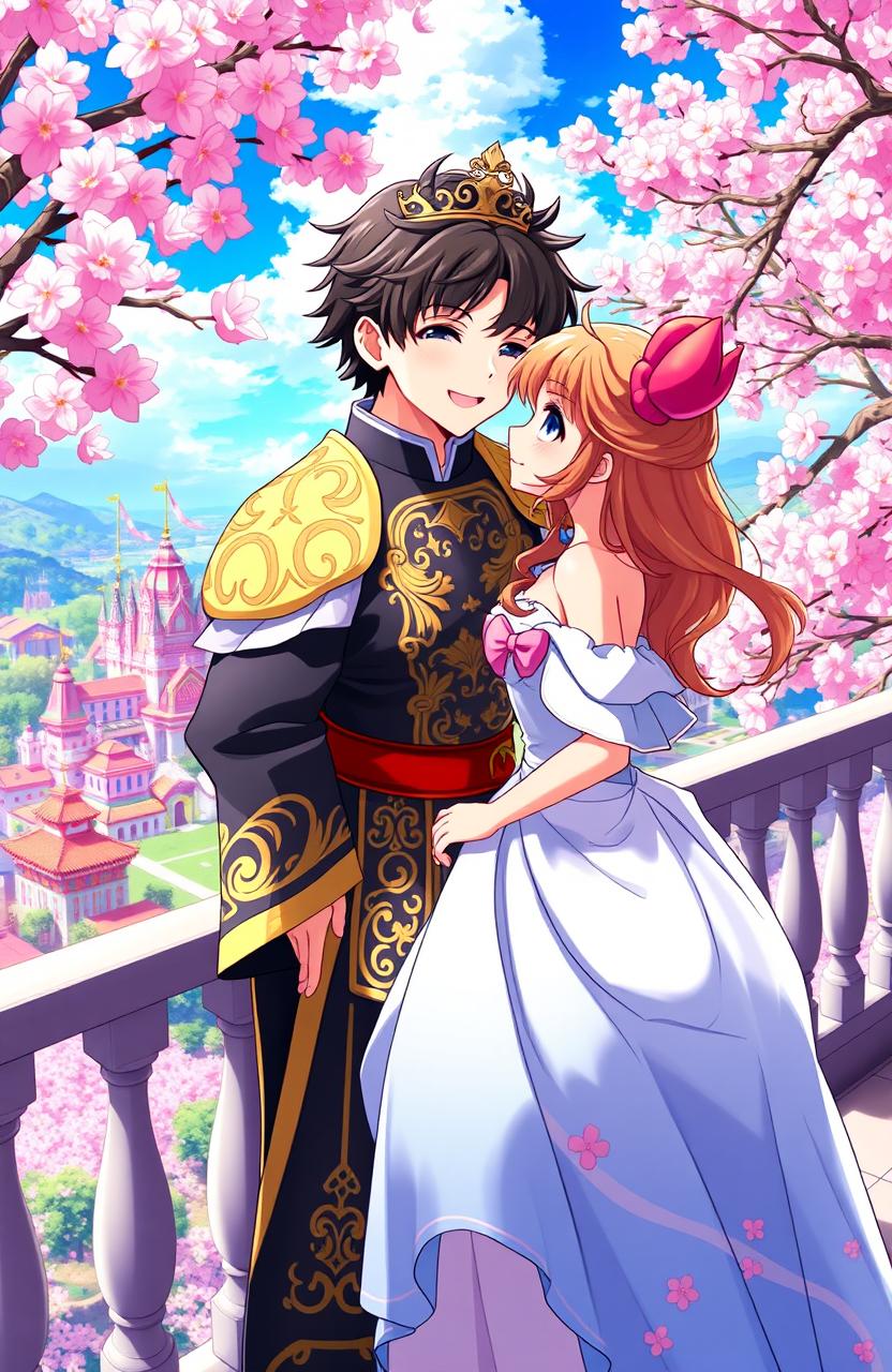 A vibrant anime scene depicting a young king and a princess in a beautiful fantasy landscape