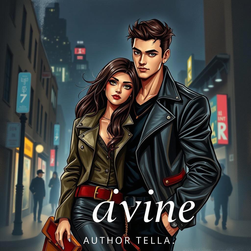 A book cover illustration featuring a striking young couple in a modern urban setting