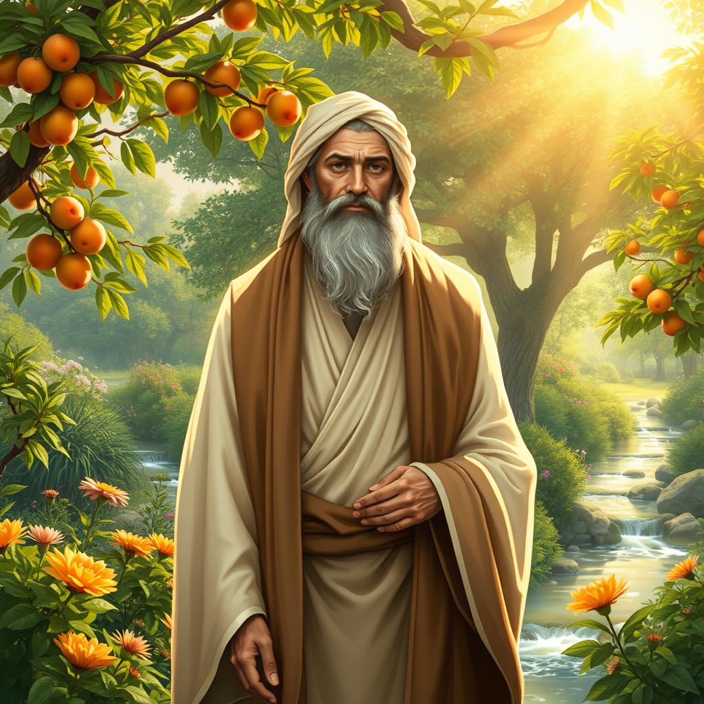 A serene and contemplative representation of Prophet Adam (peace be upon him), portrayed as a wise and noble figure, standing in a lush, verdant garden reminiscent of paradise