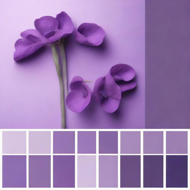 Generate an image showcasing a purple color palette, each shade labeled with a specific color name or number, ranging from soft lavender to deep eggplant.