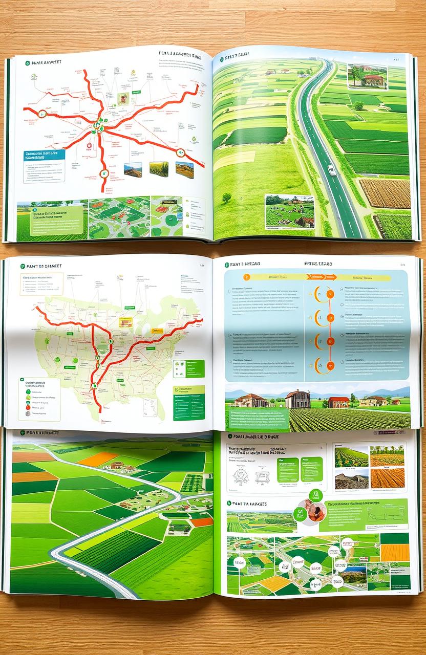 A comprehensive and detailed design of a farm-to-market road network plan, including illustrations of various road layouts connecting rural farms to urban markets