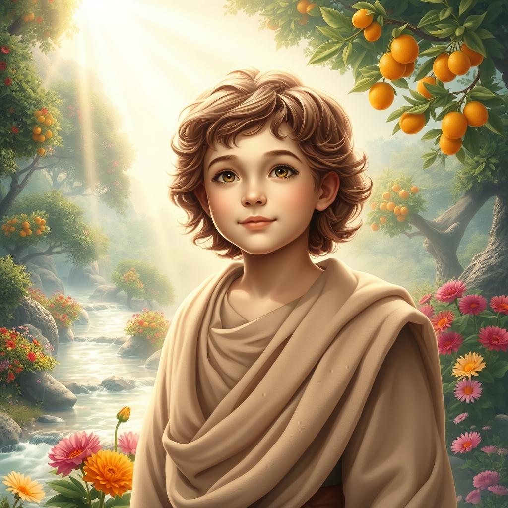 A young Prophet Adam in heaven, surrounded by lush gardens and radiant light