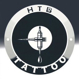 A logo design for a tattoo studio featuring the text 'HTB Tattoo' integrated with an illustrated cartridge needle