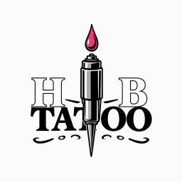 A logo design for a tattoo studio featuring the text 'HTB Tattoo' integrated with an illustrated cartridge needle