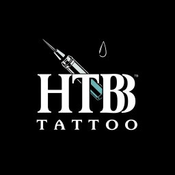 A logo design for a tattoo studio featuring the text 'HTB Tattoo' integrated with an illustrated cartridge needle