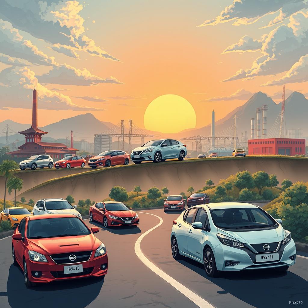 A visually compelling narrative illustration depicting the history of Nissan, showcasing iconic vehicles through the decades