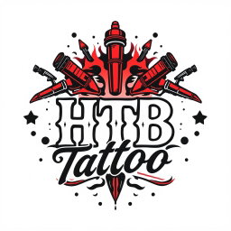 A logo design for a tattoo studio featuring the words 'HTB Tattoo' prominently integrated into an artistic tattoo-inspired style