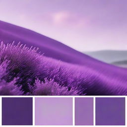 Generate an image showcasing a purple color palette, each shade labeled with a specific color name or number, ranging from soft lavender to deep eggplant.