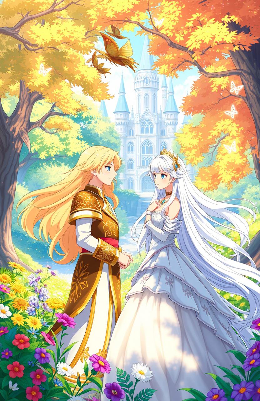 An enchanting anime scene showcasing a young king and princess in a lush, vibrant fantasy kingdom