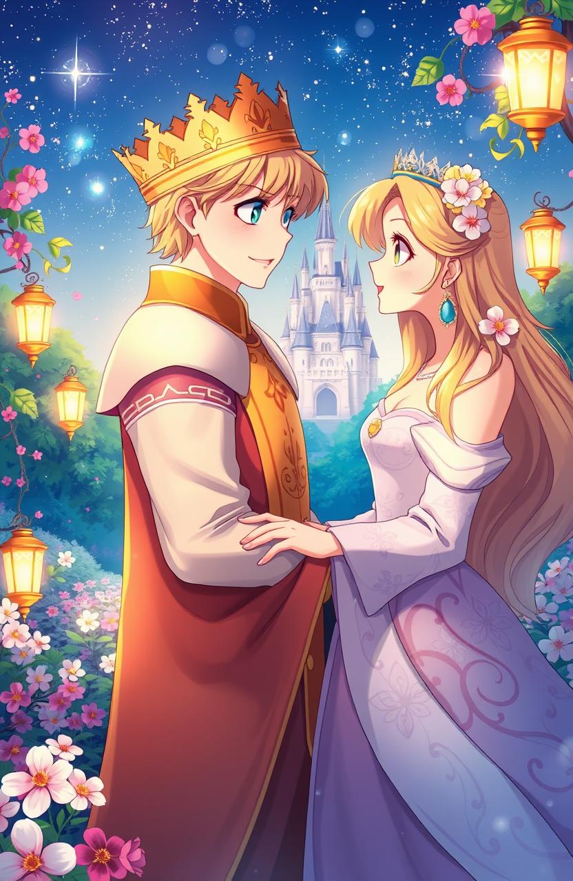 A romantic scene depicting a young king and a princess in an enchanting anime style