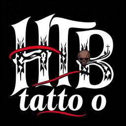 A logo design for a tattoo studio featuring the bold, stylized letters 'HTB' prominently displayed