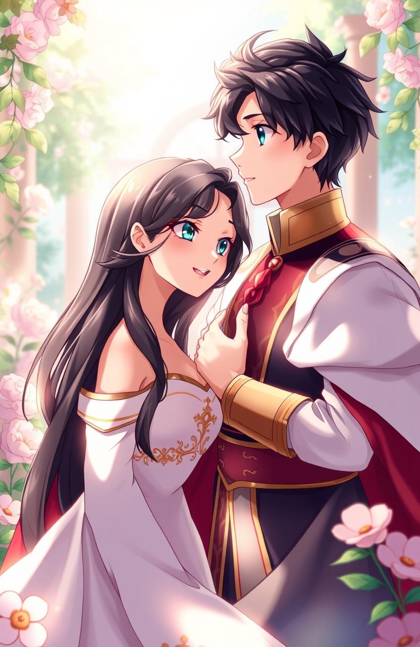A young king with short black hair and striking blue eyes stands confidently in a regal setting, adorned in elegant royal attire