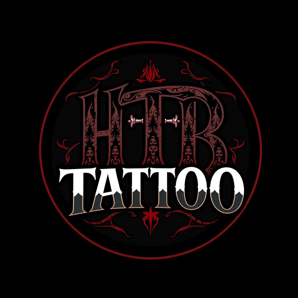 A modern and edgy logo design for a tattoo studio featuring the bold, stylized text 'HTB Tattoo' prominently displayed in the center
