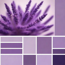 Generate an image showcasing a purple color palette, each shade labeled with a specific color name or number, ranging from soft lavender to deep eggplant.