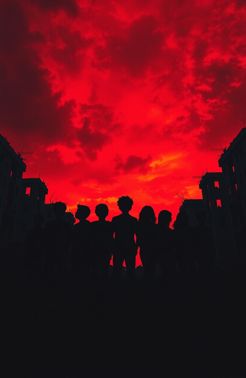 Ten silhouettes of teenagers, five teen guys and five teen girls, set against a war-stricken landscape with dramatic red and orange hues filling the sky