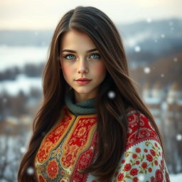 A portrait of a Russian girl, showcasing her striking features and traditional attire