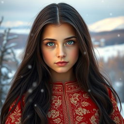 A portrait of a Russian girl, showcasing her striking features and traditional attire